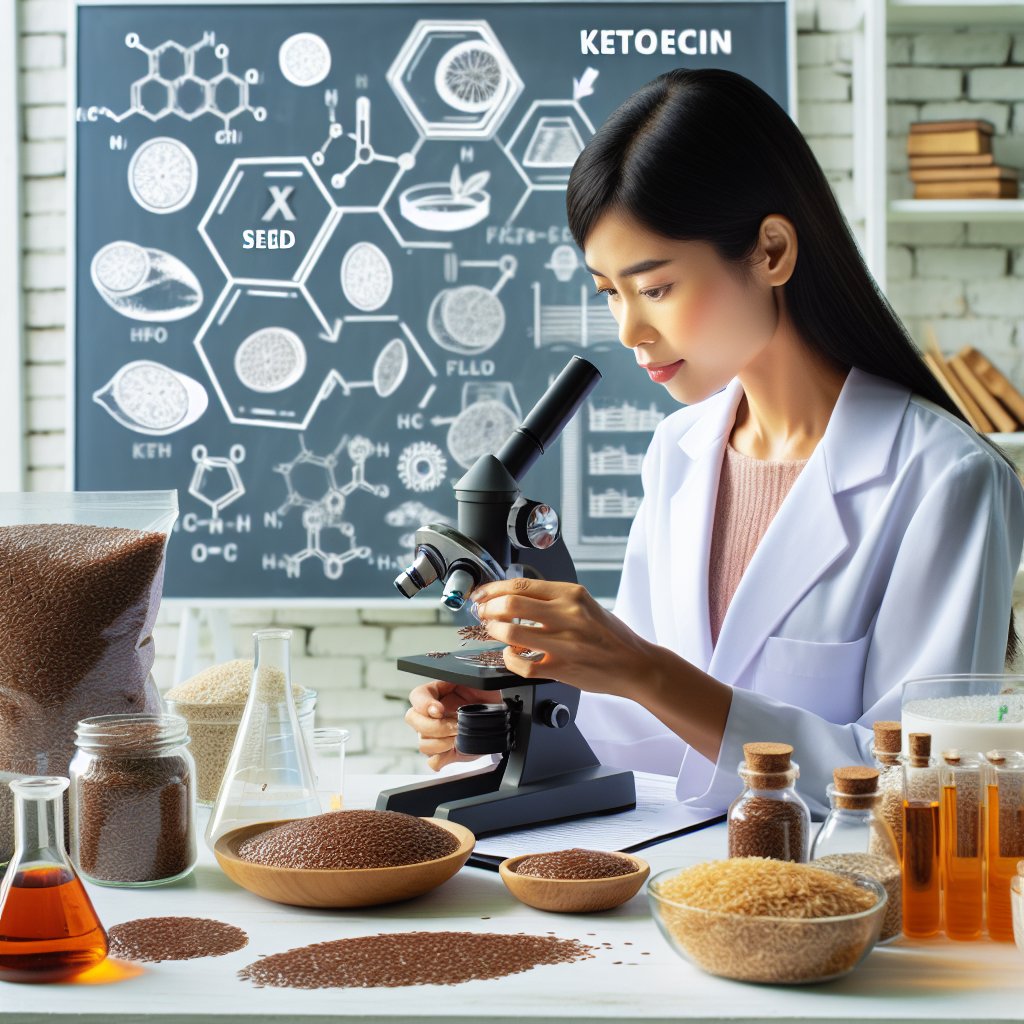 Researcher analyzing flaxseed samples under a microscope with keto-friendly food items and recipes displayed in the background.