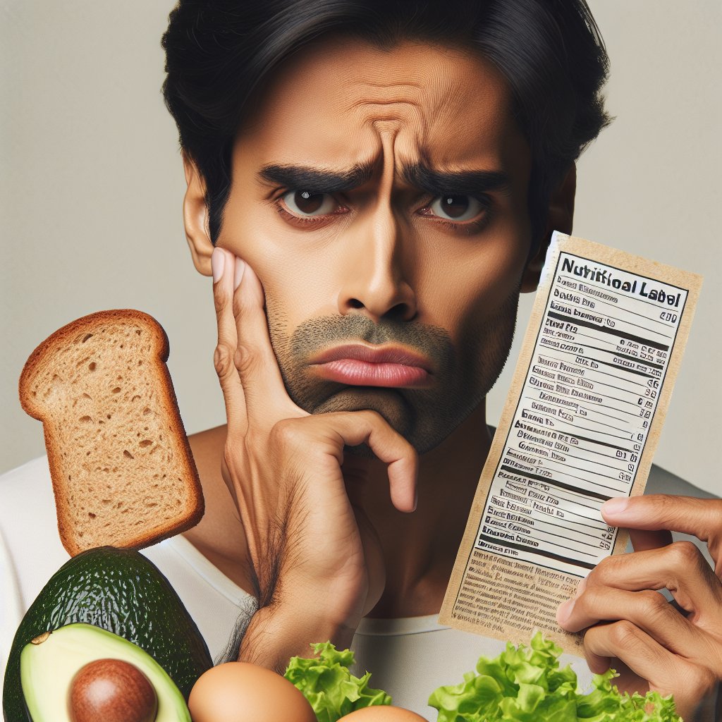 Person holding gluten-free bread and looking at nutritional label with concern, surrounded by keto-friendly ingredients
