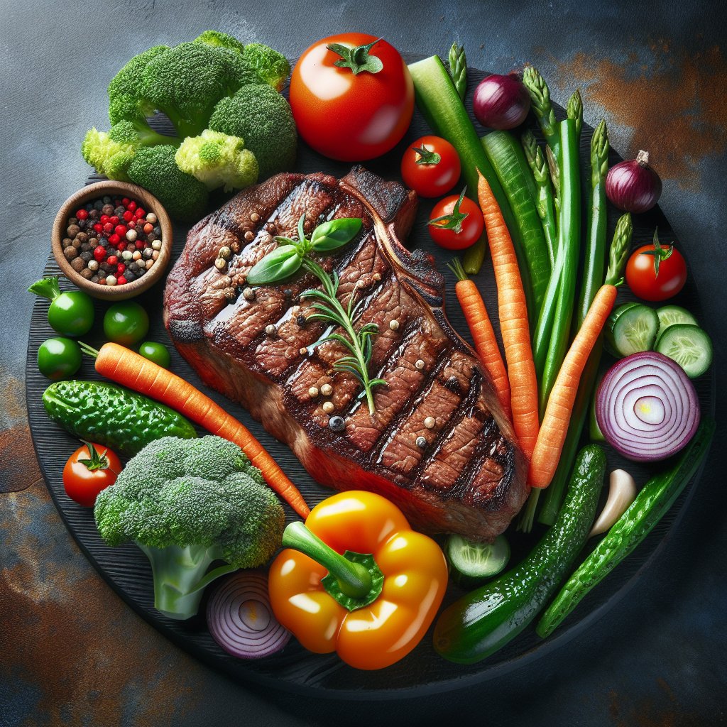 Succulent grilled lean steak with vibrant assortment of non-starchy vegetables
