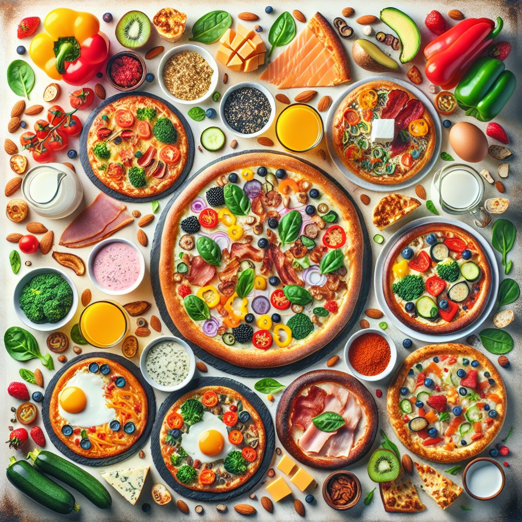 Colorful array of keto breakfast pizza variations with vibrant low-carb vegetables, dairy-free cheese, and alternative protein toppings.