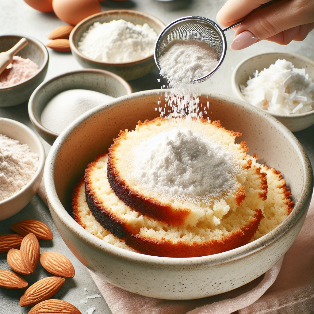 Pouring mouthwatering keto-friendly cake mix into a mixing bowl, showcasing vibrant low-carb ingredients.