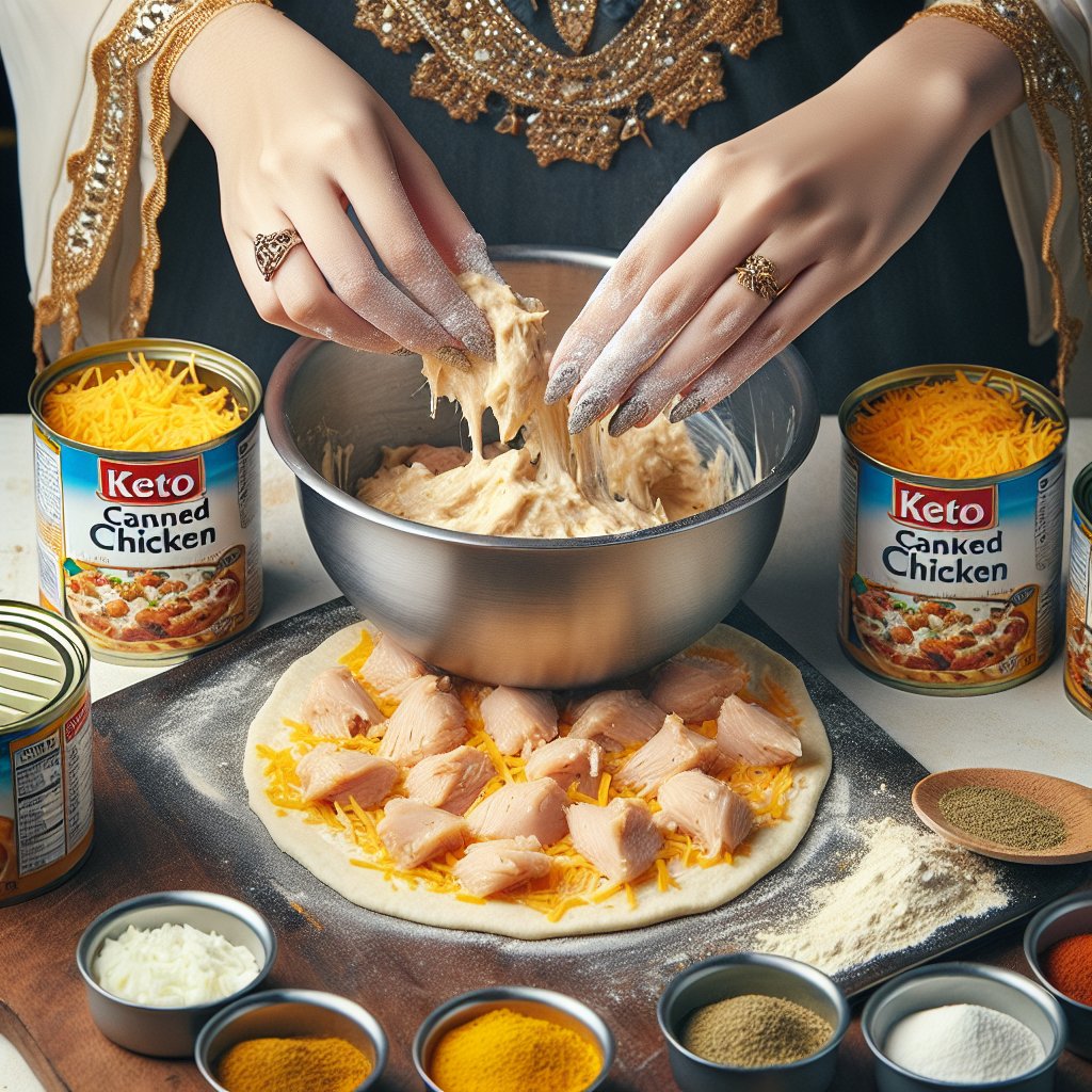 Hands shaping canned chicken, cheese, and seasonings mixture into pizza crust on baking sheet
