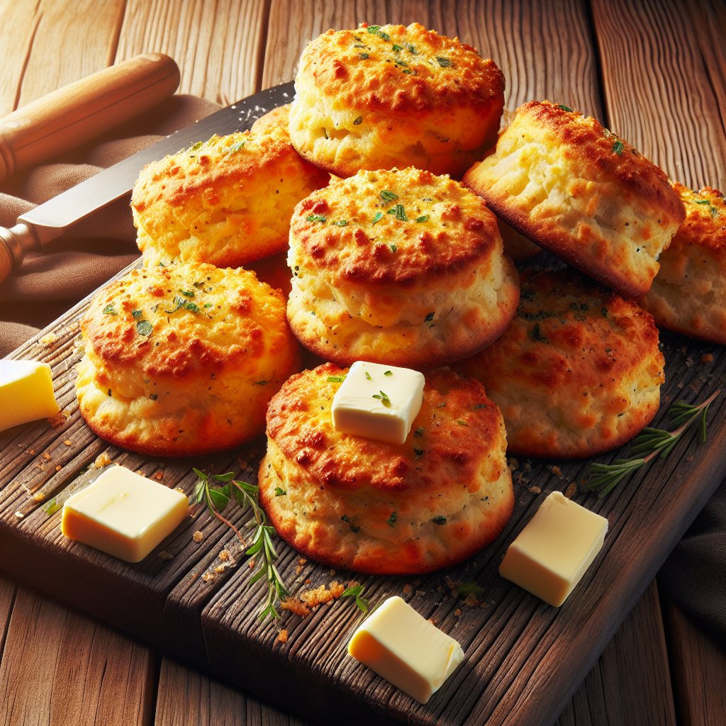 Golden brown keto cheddar bay biscuits on rustic wooden serving board