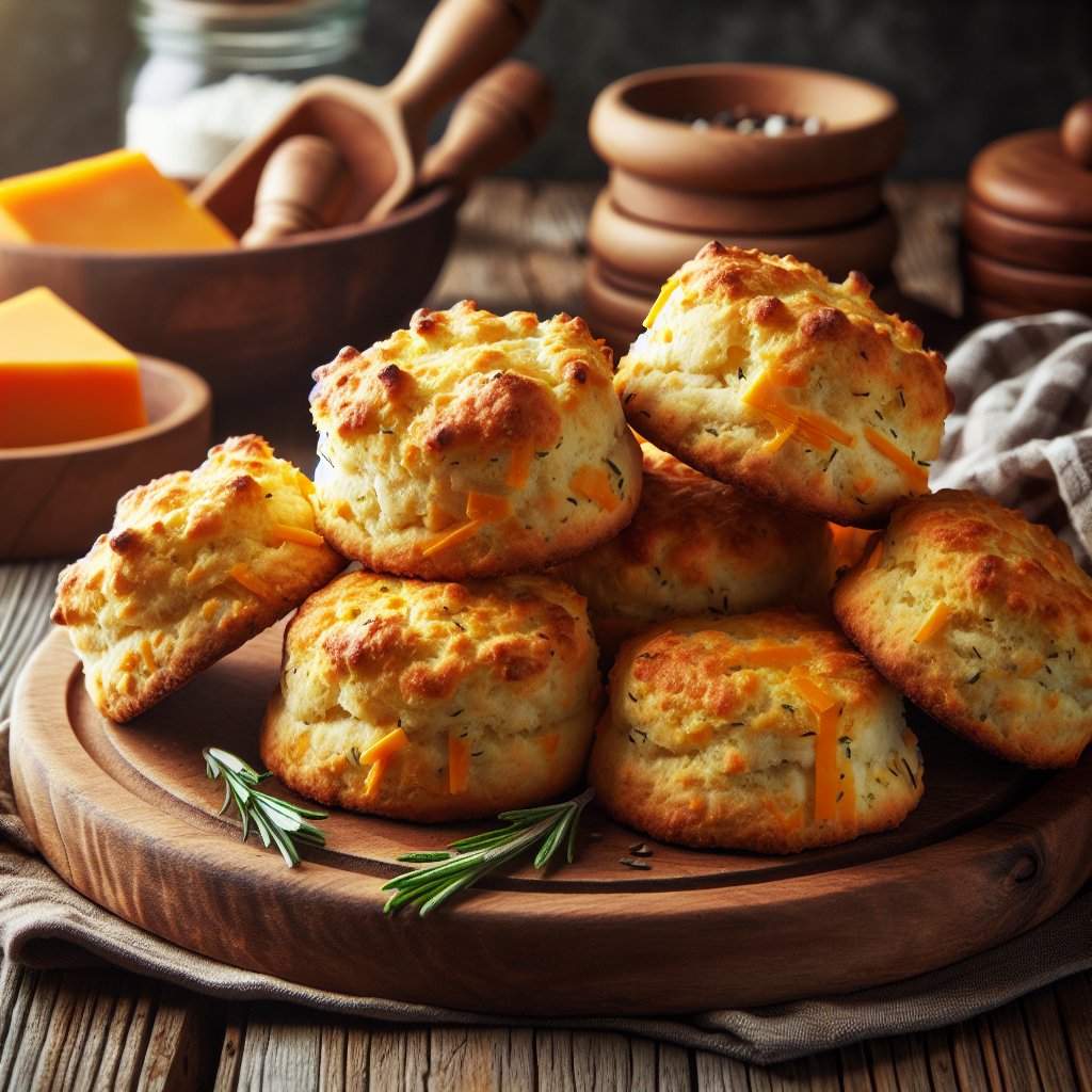 Freshly baked keto cheddar bay biscuits on a rustic wooden board surrounded by keto-friendly ingredients.