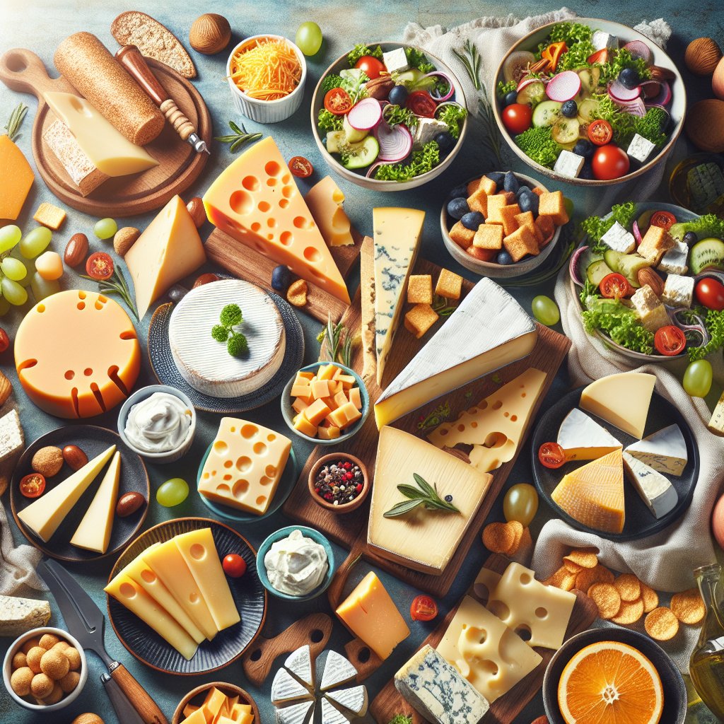 A mouthwatering spread of various cheeses alongside low-carb keto-friendly snacks, featuring cheddar, gouda, parmesan, brie, cream cheese, and goat cheese, artfully arranged with keto cheese crisps, cheese sticks, and a colorful keto-friendly salad.
