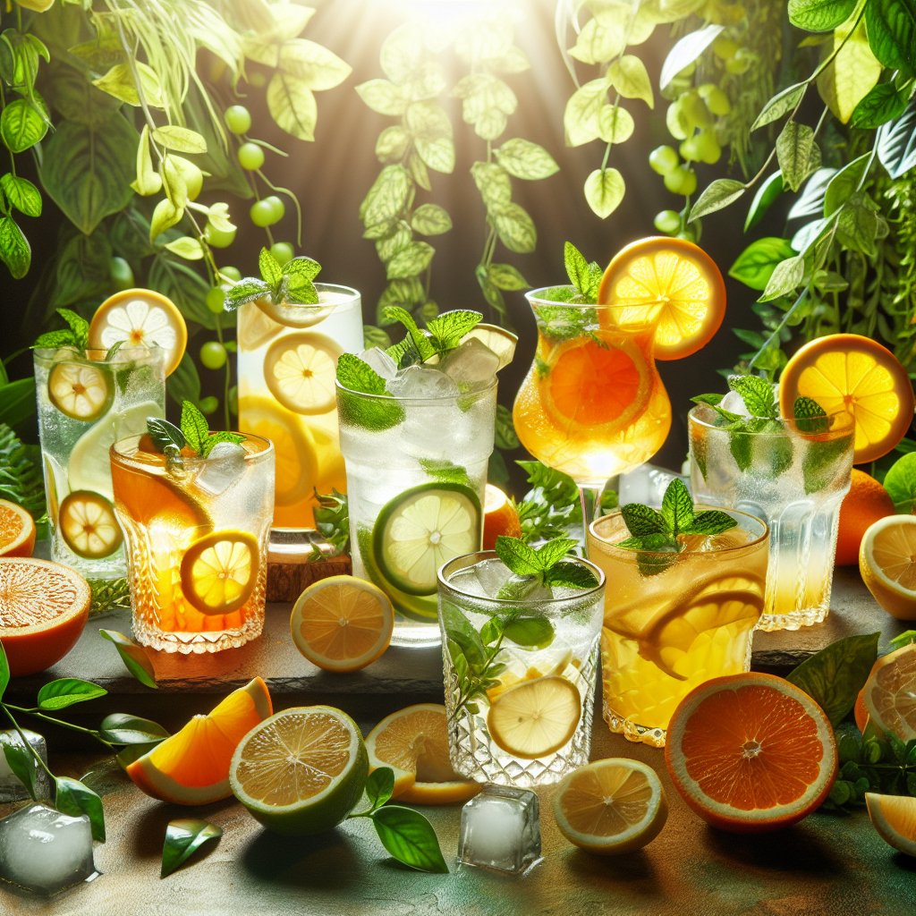 Vibrant citrus-themed keto-friendly beverage spread with citrus-infused water, smoothies, and sugar-free lemonade, arranged with fresh fruit slices and ice, surrounded by lush greenery and natural light.