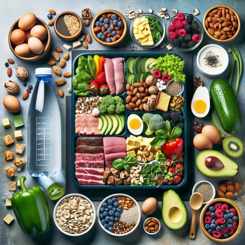 Neatly arranged keto diet meal plan showcasing variety of low-carb, high-fat foods, water bottle and electrolyte-rich ingredients