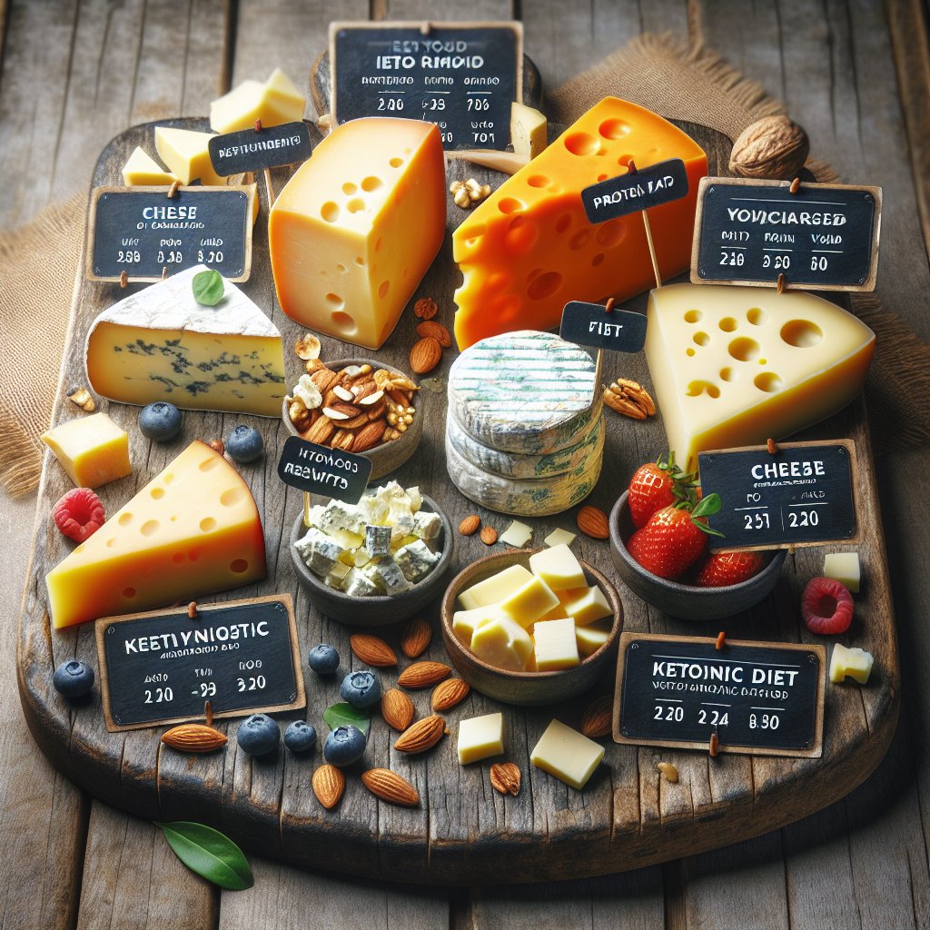 Assorted keto-friendly cheeses with macronutrient and micronutrient labels, accompanied by nuts and berries