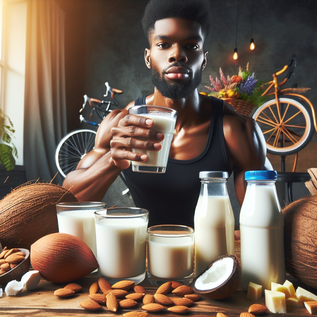 Person holding a glass of milk surrounded by almond milk, coconut milk, and unsweetened cashew milk in a vibrant and healthy lifestyle setting.