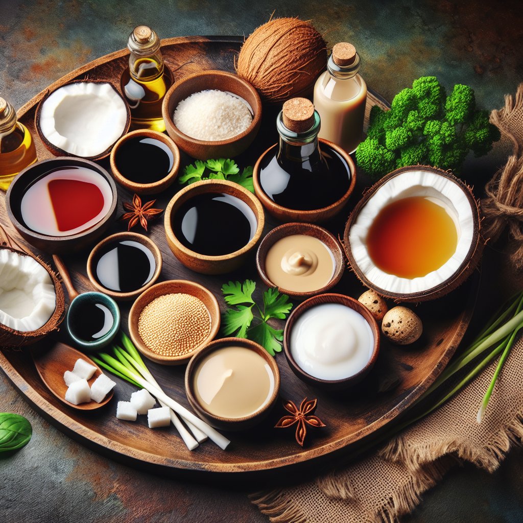 Assortment of keto-friendly soy sauce alternatives displayed on wooden platter