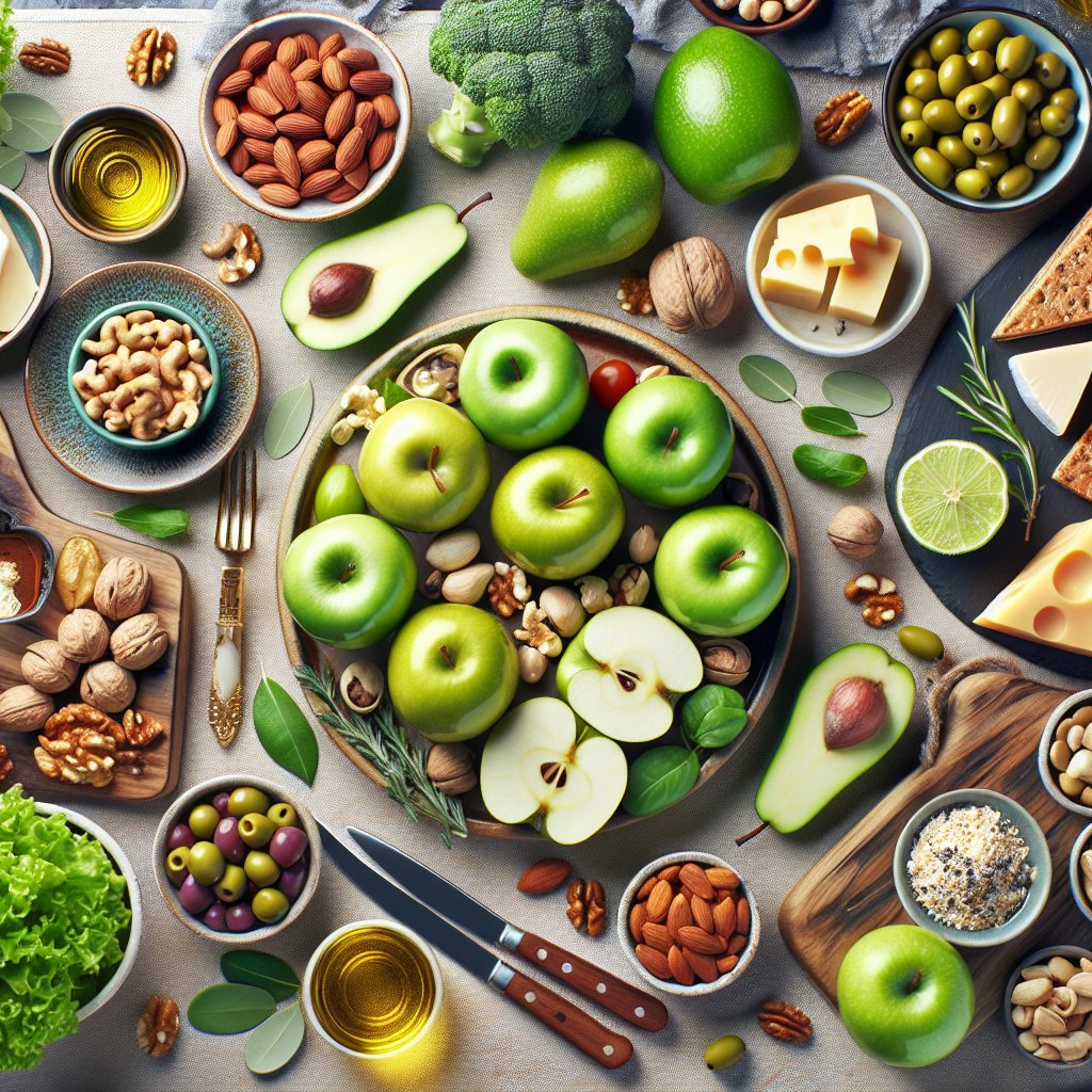 Variety of low-carb, high-fat foods in a visually appealing table setting, featuring avocados, nuts, cheese, olives, and vibrant green apples.