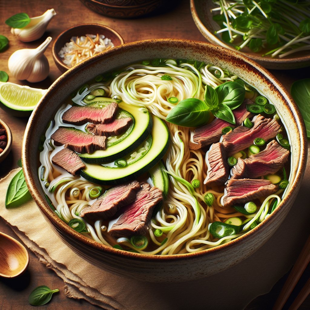 Steaming bowl of Vietnamese Pho soup with zucchini noodles, beef/chicken, bean sprouts, and fresh herbs - keto friendly