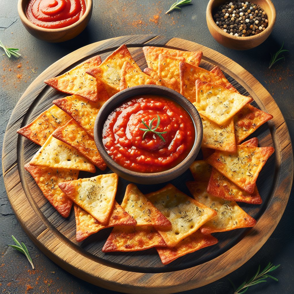 Golden-brown keto pizza crisps with marinara dipping sauce on wooden board