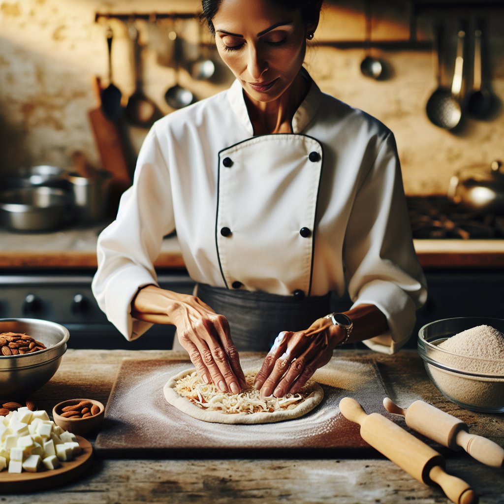 Chef shaping keto pizza crust with almond flour, mozzarella cheese, and psyllium husk on rustic kitchen countertop.