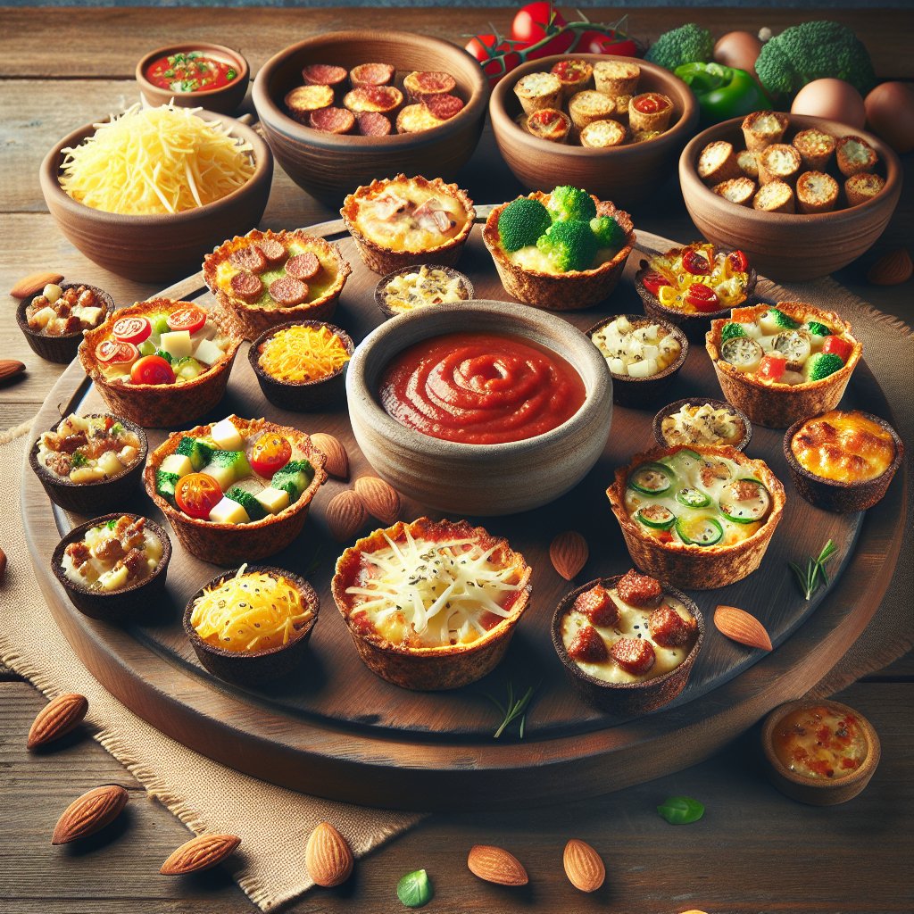 Beautifully arranged keto pizza cups and ingredients for customizing on a rustic serving platter