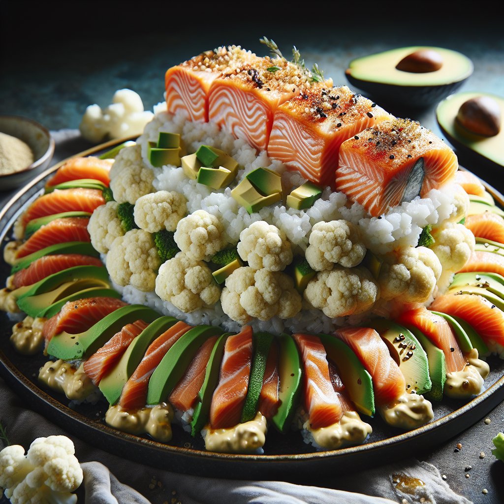 Delectable salmon sushi bake on keto-friendly platter