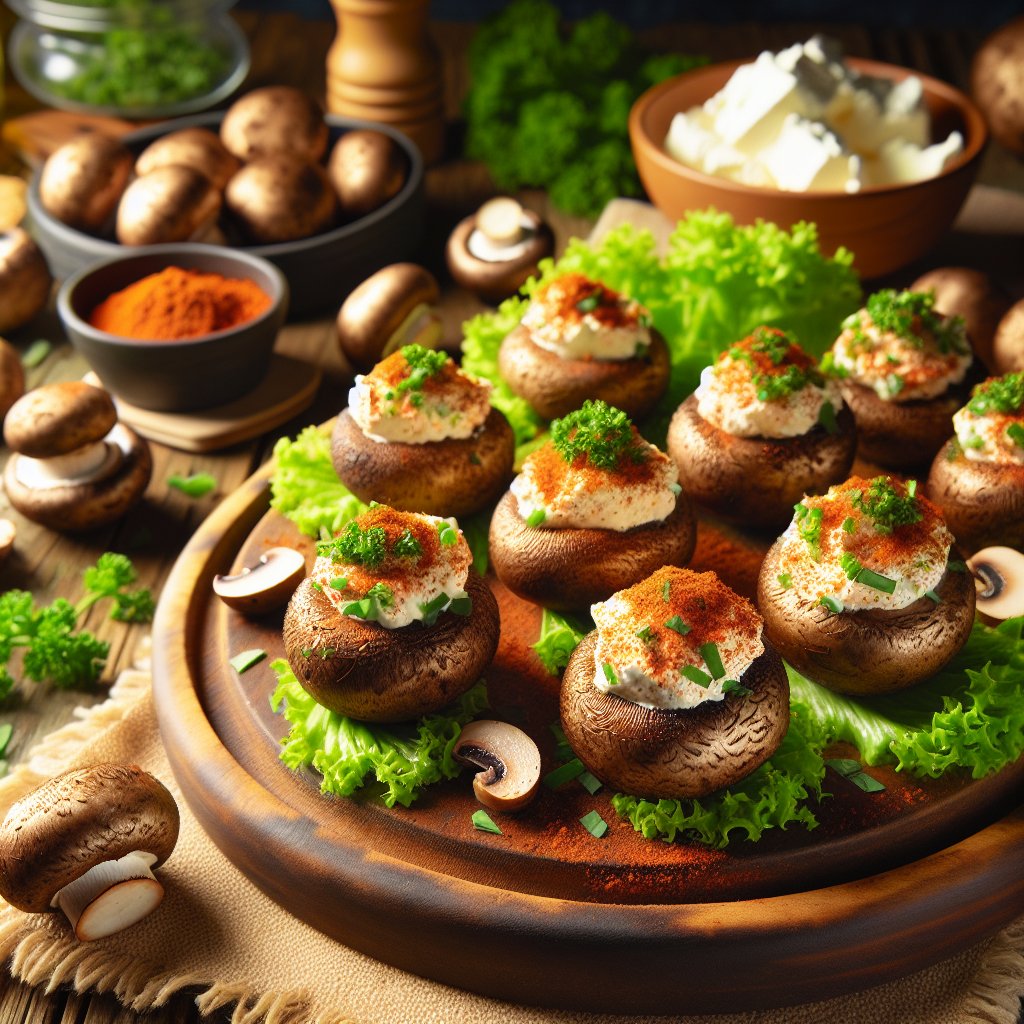 Rustic wooden board with beautifully arranged keto stuffed mushrooms, garnished with fresh herbs and paprika, adorned with vibrant lettuce leaves and kitchen elements in the background.