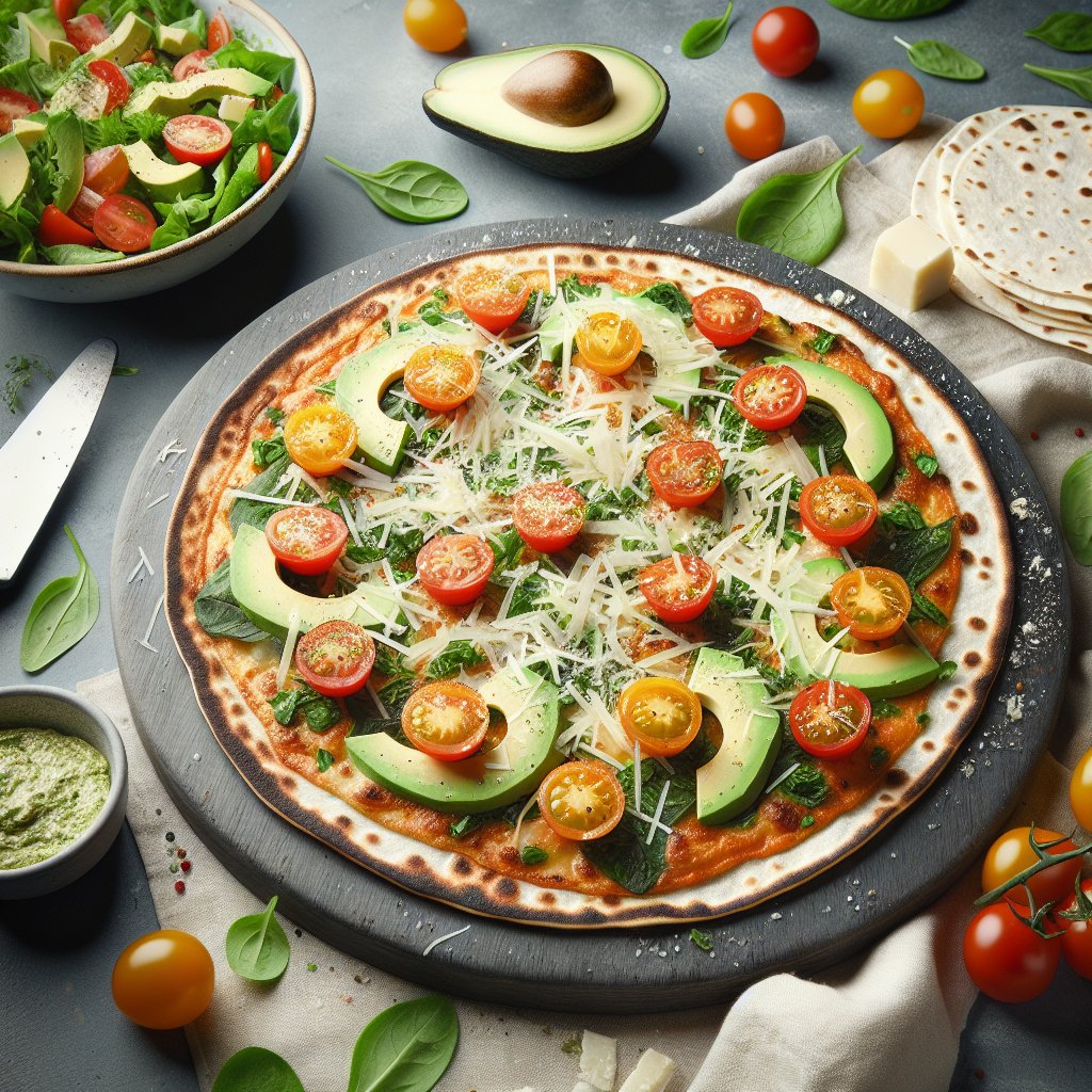 Keto tortilla pizza with vibrant plated salad
