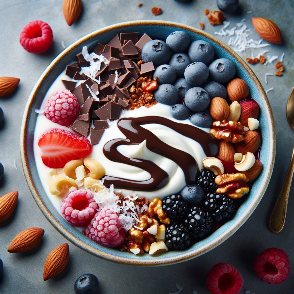 Creamy keto-friendly yogurt topped with assorted low-carb toppings including berries, chocolate sauce, nuts, and shredded coconut.