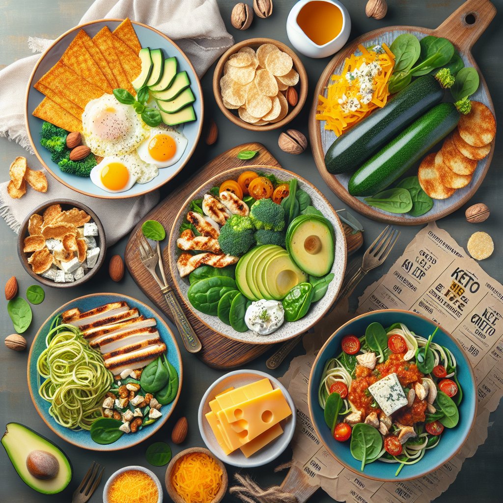 Diverse spread of budget-friendly keto meal options including breakfast bowl, lunch salad, zucchini noodles dinner, and affordable keto snacks