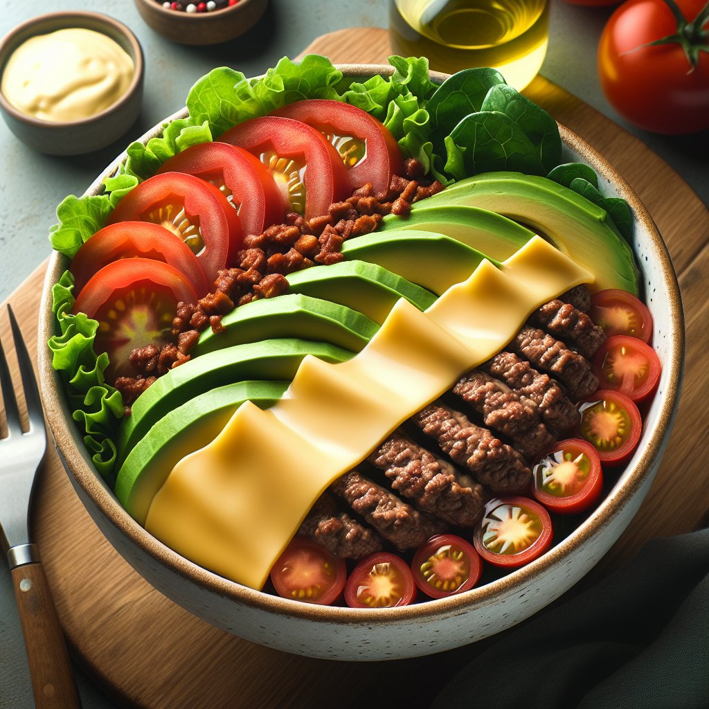 A colorful, vibrant keto cheeseburger bowl with fresh lettuce, juicy tomatoes, creamy avocado, savory ground beef, and melted cheese, arranged in a modern kitchen setting.