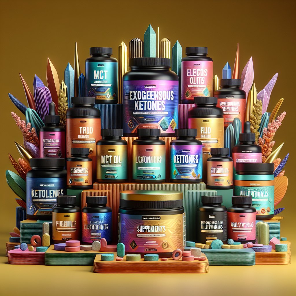 Vibrant display showcasing a variety of keto diet supplements including MCT oil, exogenous ketones, electrolyte supplements, and high-quality multivitamins.