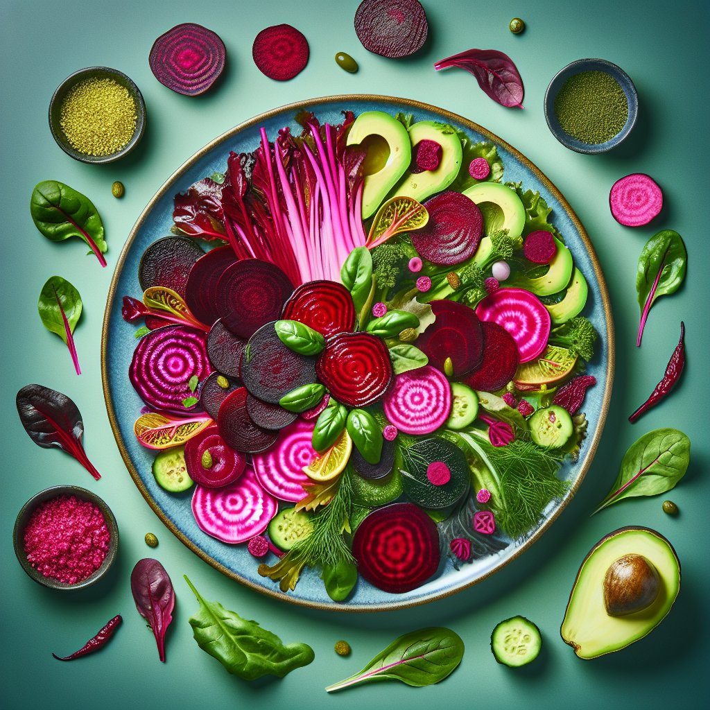 Vibrant plate with pickled beets, avocado slices, and leafy greens, showcasing a colorful and nutritious keto-friendly meal.