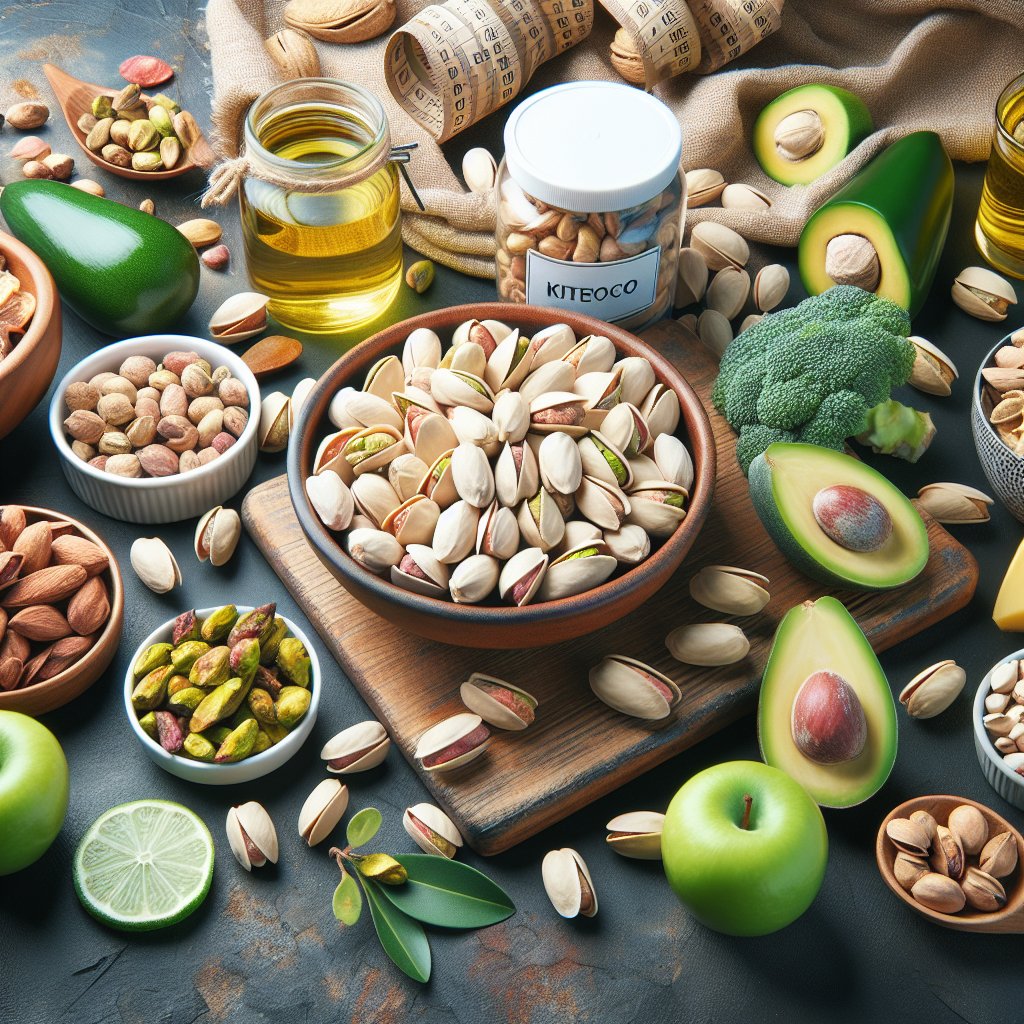 Assortment of low-carb, high-fat foods, including pistachios, perfect for a ketogenic diet