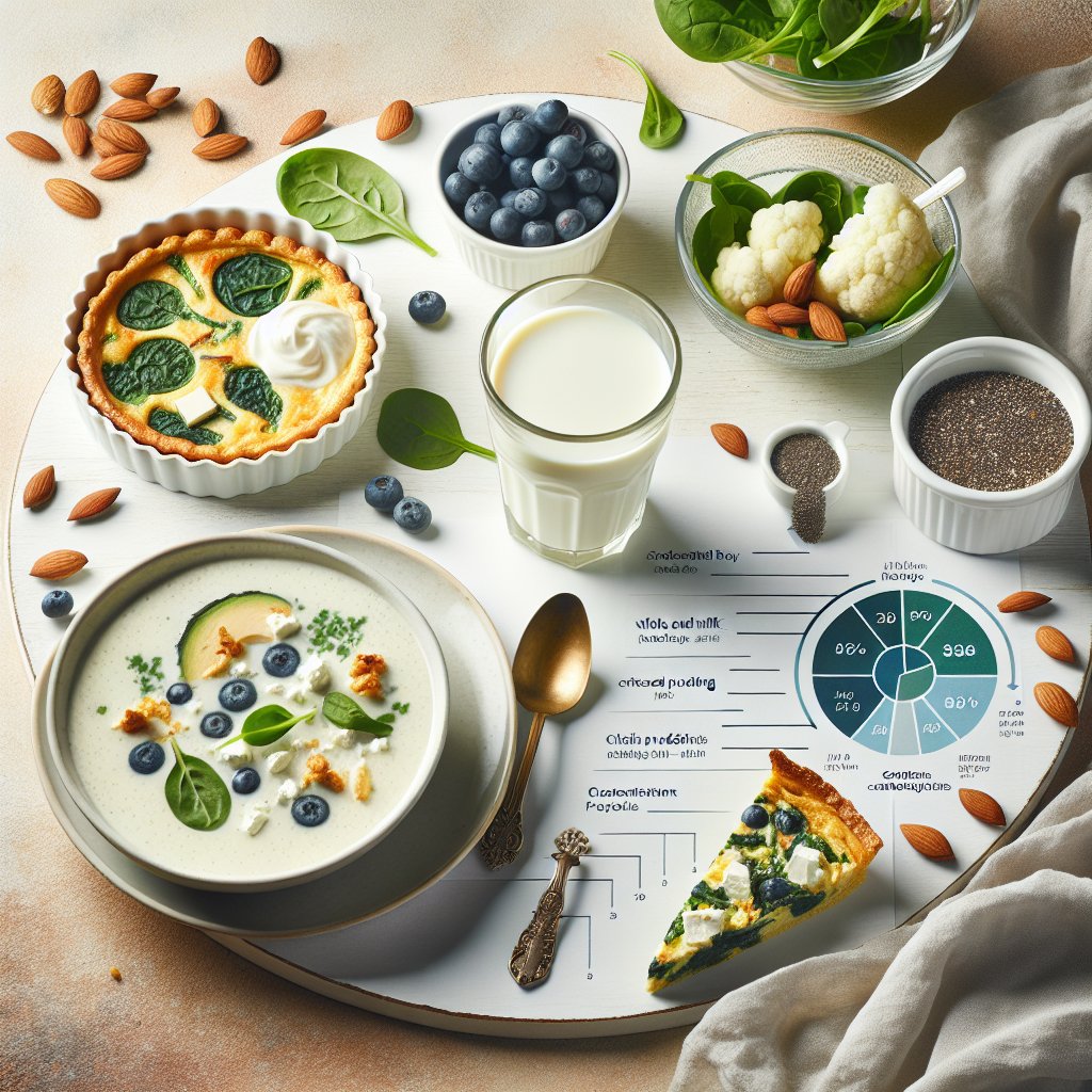 Variety of milk-based ketogenic recipes including creamy cauliflower soup, chia seed pudding, and spinach and feta crustless quiche with a glass of whole milk, nuts, berries, and leafy greens, highlighting the nutrient-density and macronutrient breakdown of milk.