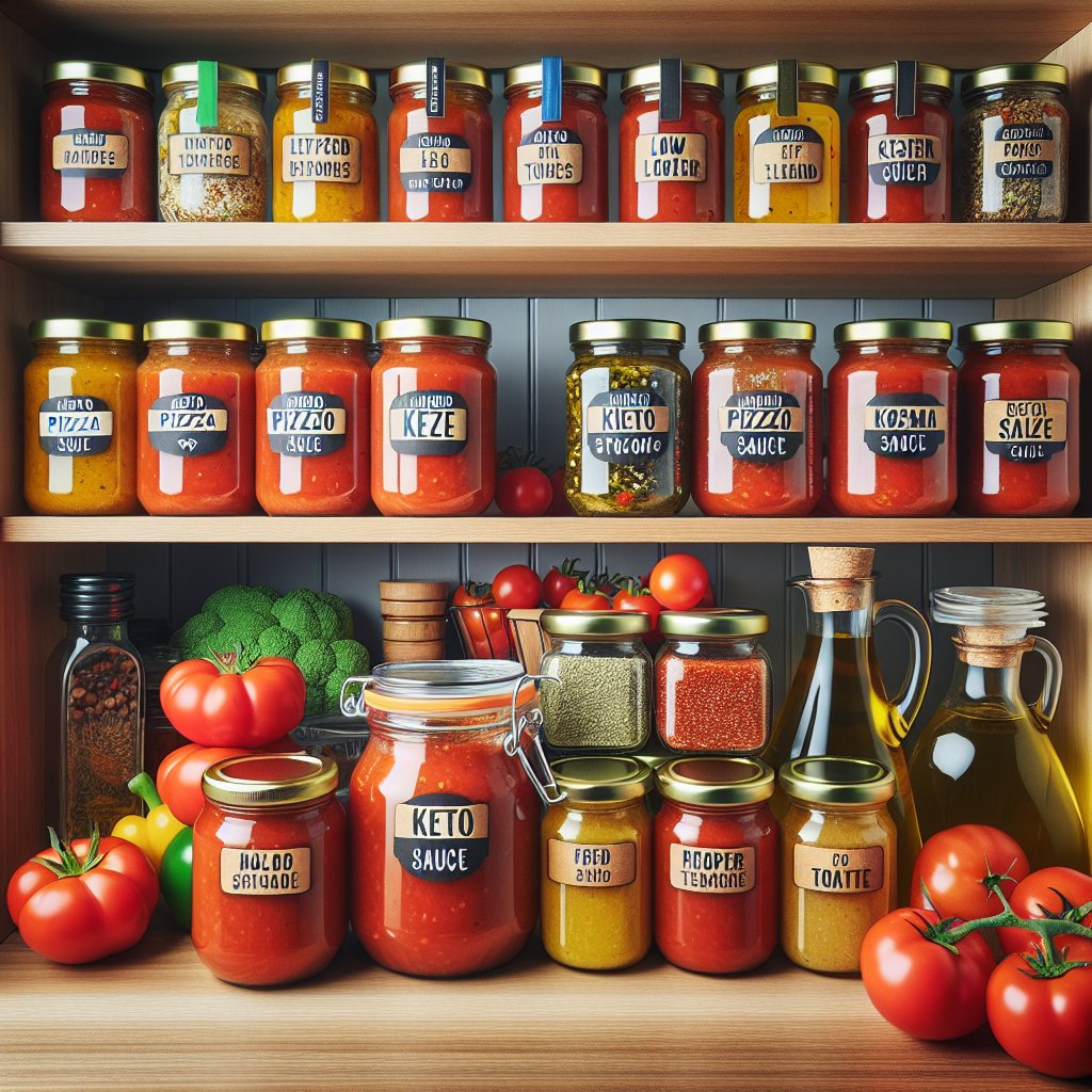 Neatly organized pantry shelf with labeled jars of homemade keto pizza sauce and other keto-friendly ingredients