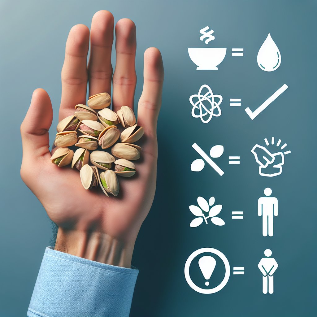 hand holding portion of pistachio nuts with allergy symbol