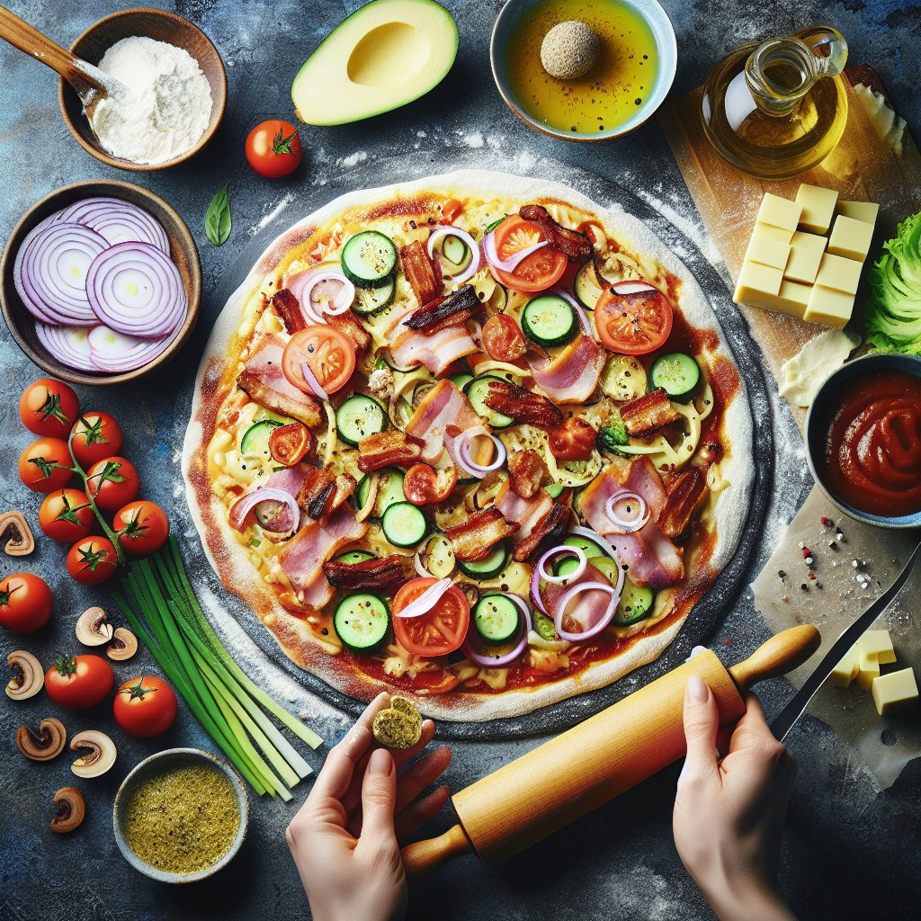 Step by step guide on preparing a mouthwatering keto pizza BBQ from scratch, showcasing the artful arrangement of key ingredients, precision in rolling out the dough, careful layering of toppings, and the baking process in a keto-friendly oven.