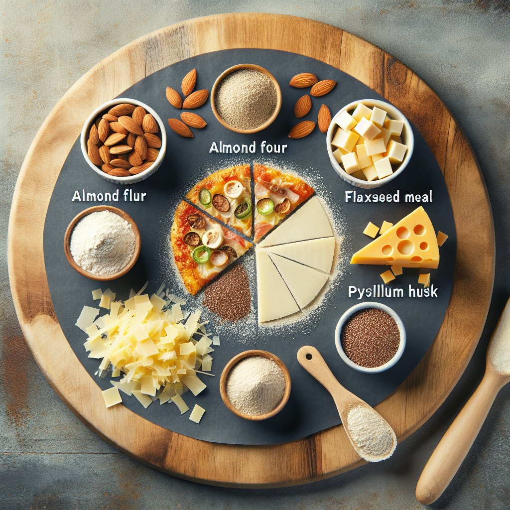 Keto pizza crust ingredients in an organized and appealing arrangement, featuring almond flour, flaxseed meal, psyllium husk, and cheese.