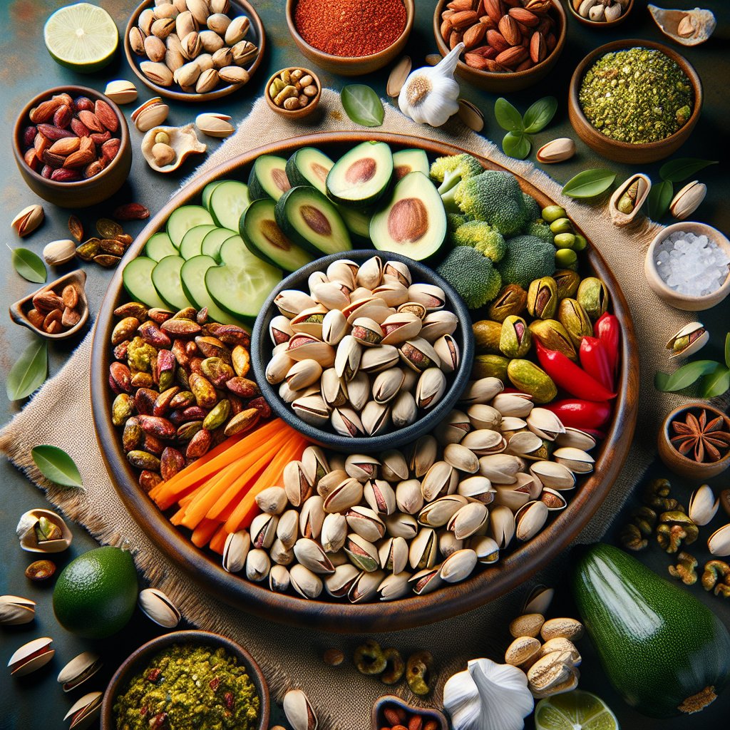 Keto-friendly snack platter featuring roasted pistachios and low-carb accompaniments