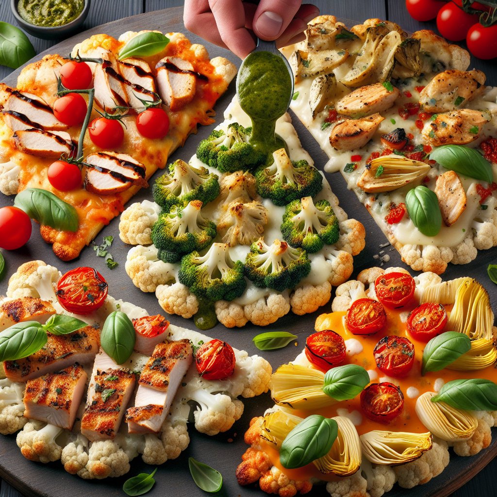 Variety of customized cauliflower pizza slices with diverse toppings and sauces