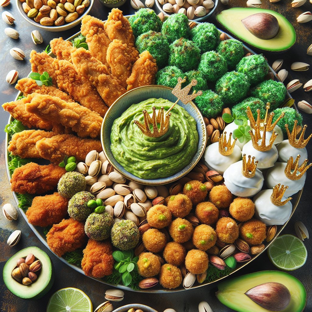 Assorted keto-friendly pistachio snacks including chicken tenders, cheese balls, and avocado dip