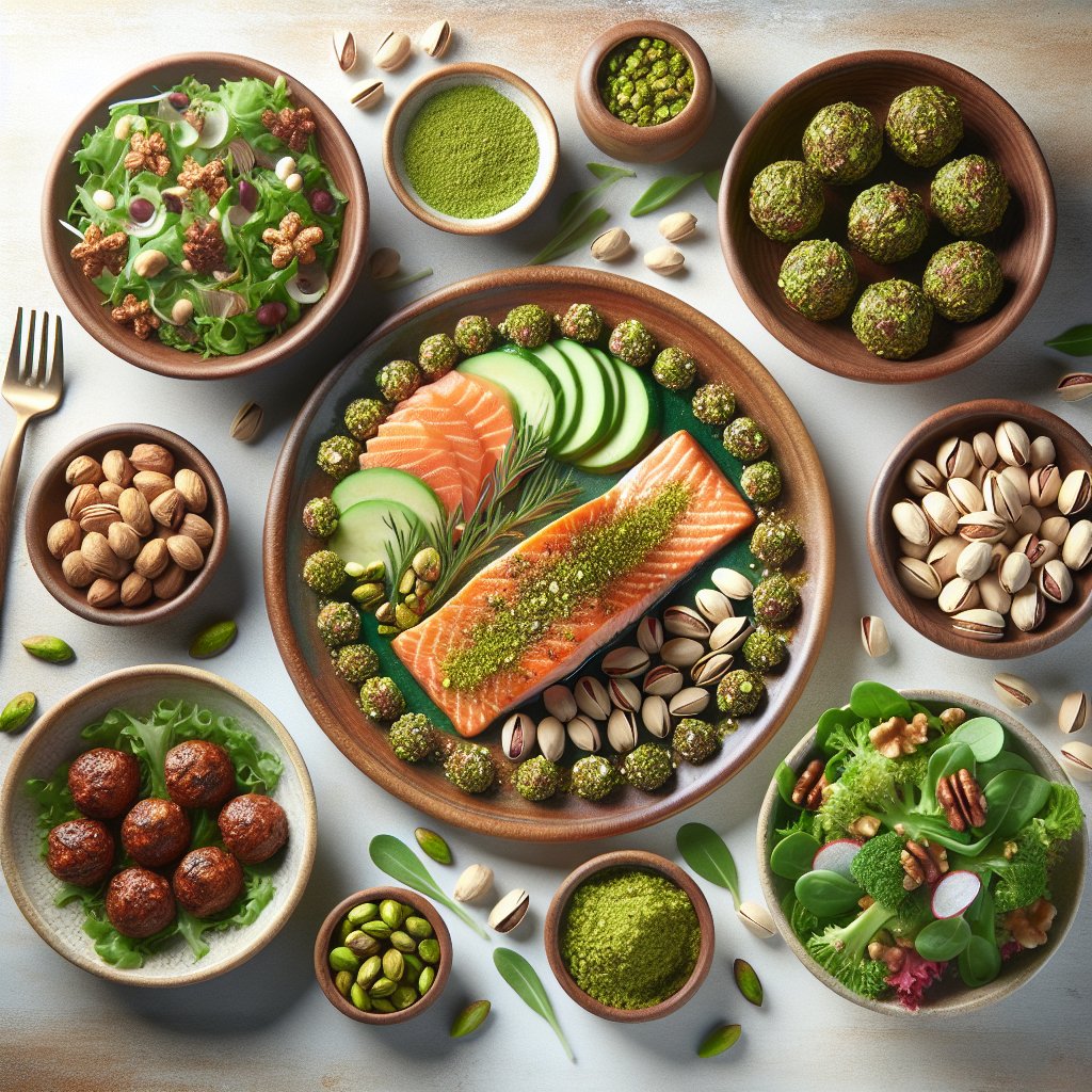 Vibrant keto-friendly meal spread featuring pistachio-crusted salmon, pistachio energy balls, and a mixed green salad with chopped pistachios.