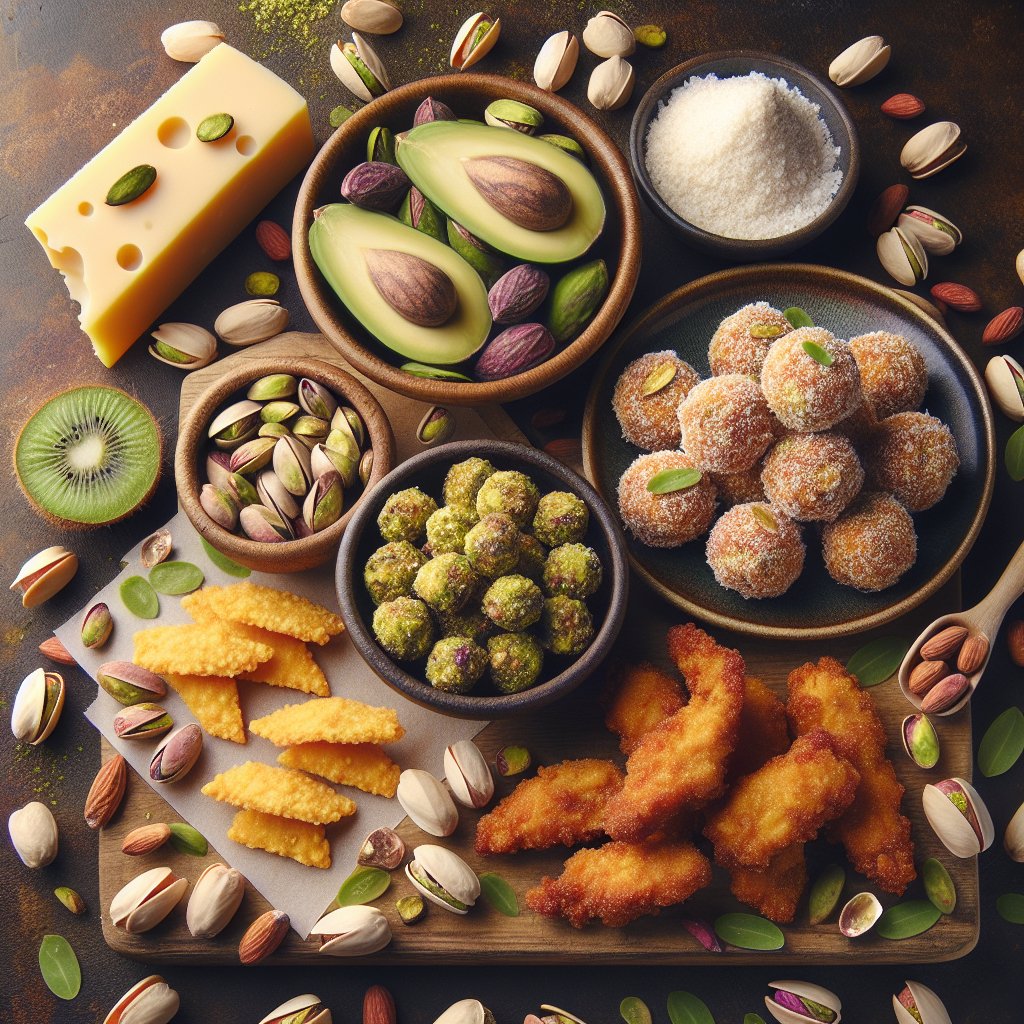 Assortment of vibrant pistachio-based keto snacks including pistachio energy balls, pistachio-crusted chicken tenders, and pistachio cheese crisps, highlighting low-carb ingredients such as cheese, coconut flour, and almond meal.